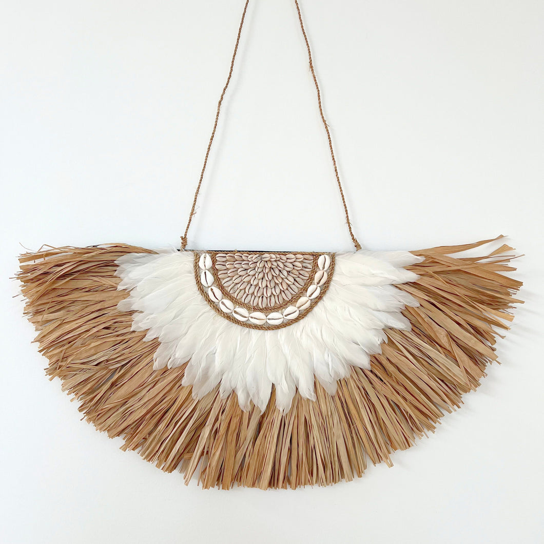 Amira Raffia, Feather & Shell Wall Hanging - Half Circle White